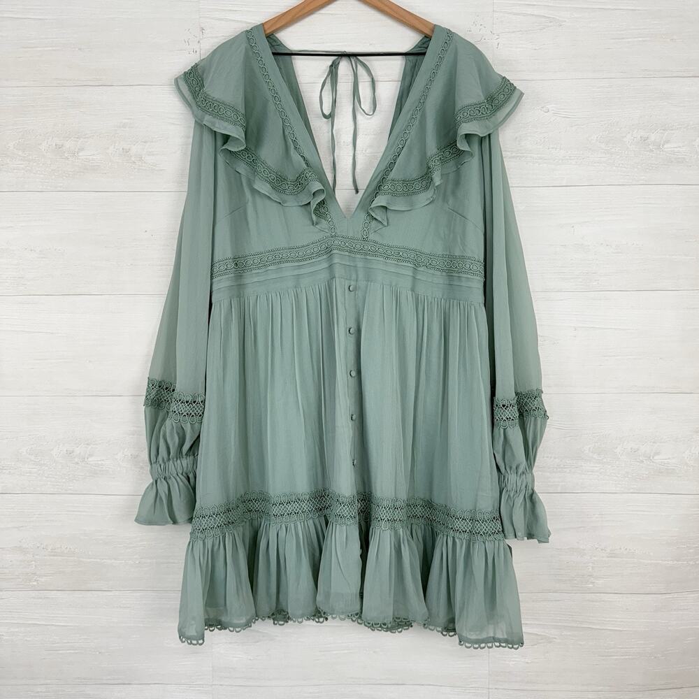 Asos Curve Sz 16 Ruffle Long‎ Sleeve Tiered Mini Dress Sage Green Flowy Romantic